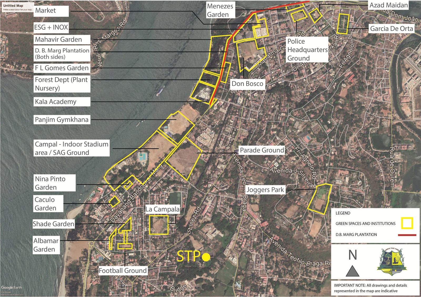 Satellite map of Panaji's waterfront with drainage outfalls and study sites marked