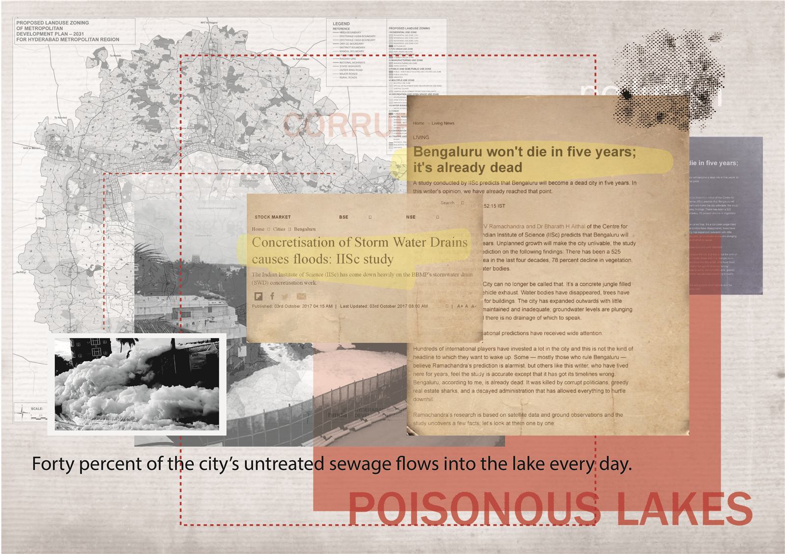 Collage-style graphic from the film: a vintage television, a flyover and the caption Poisonous lakes