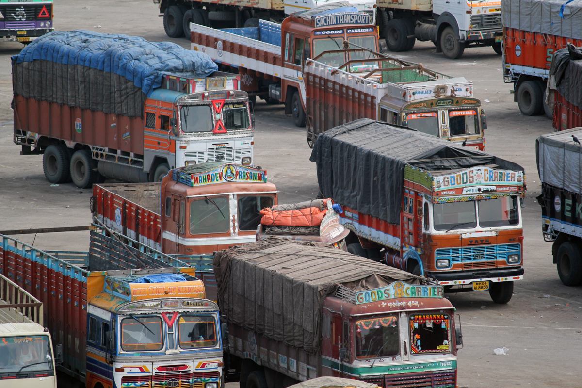 Rows of freight trucks parked in the Baddi industrial area