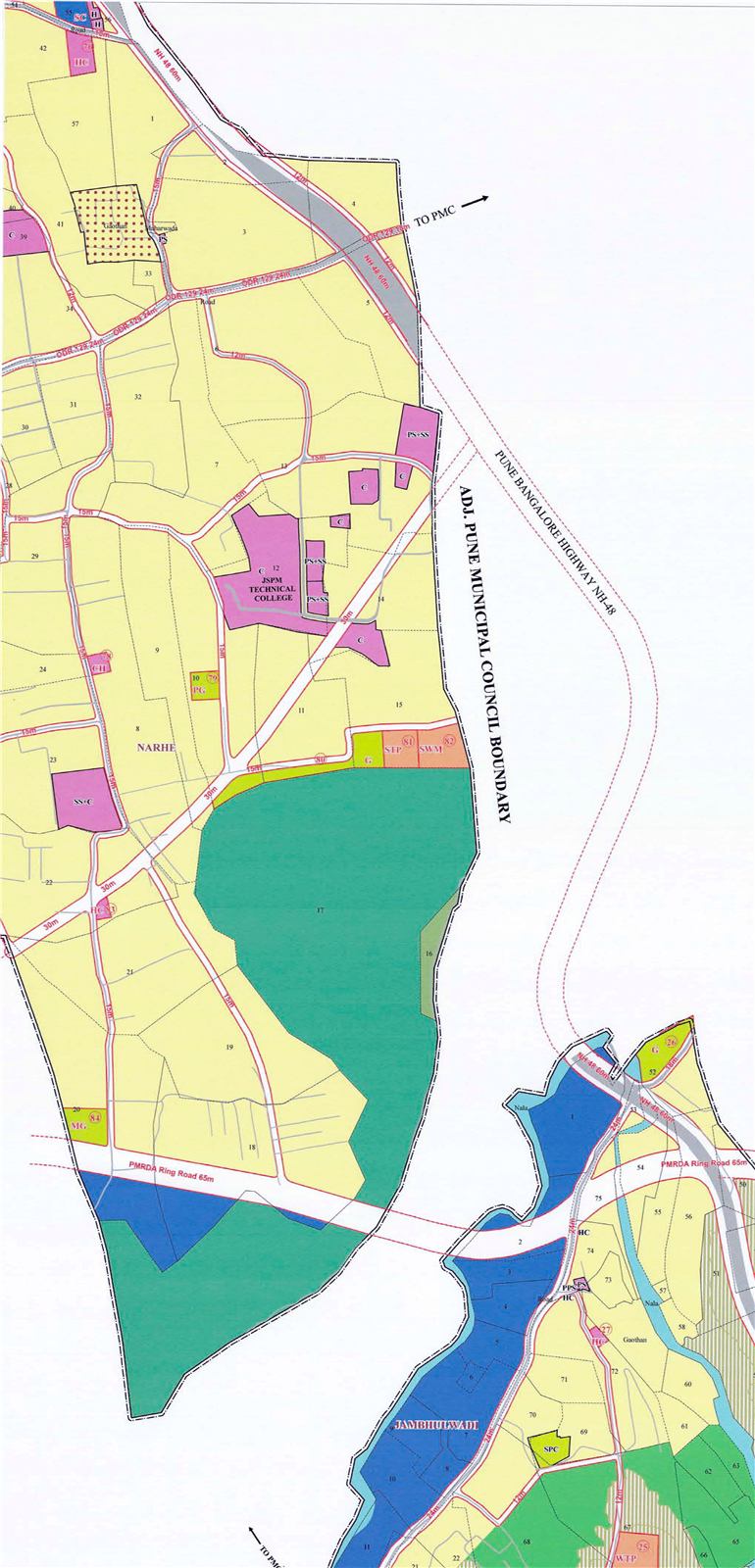 Development plan map of Narhe showing reserved recreational spaces