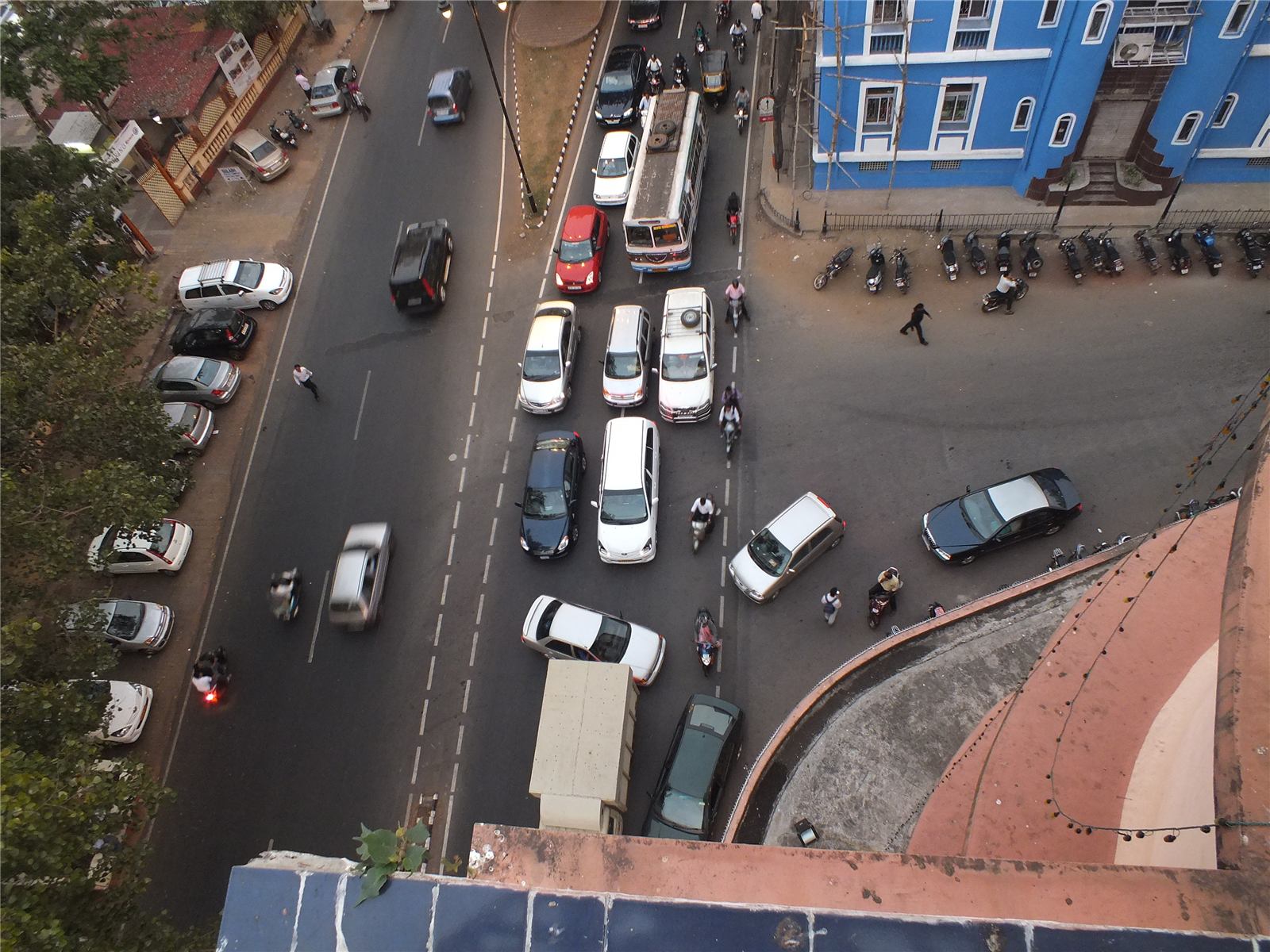 Drone view of traffic in central Panaji