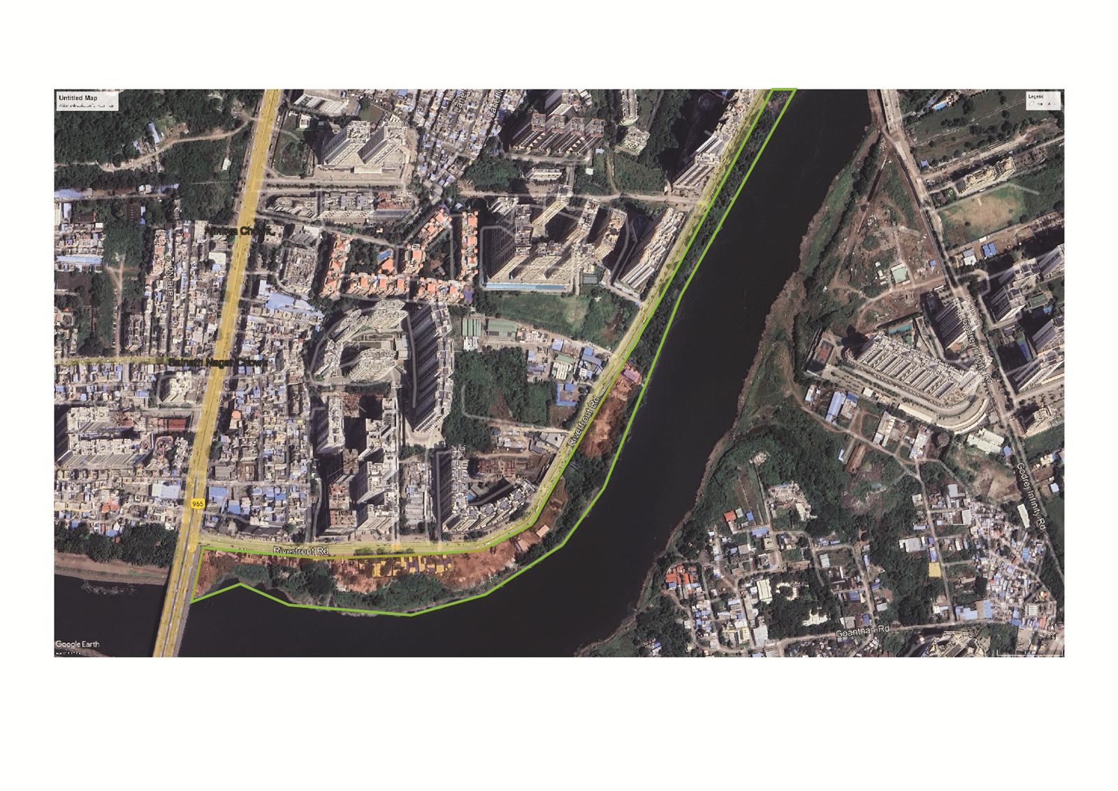 Satellite view of the Mula-Mutha river and the new riverfront embankment in Pune
