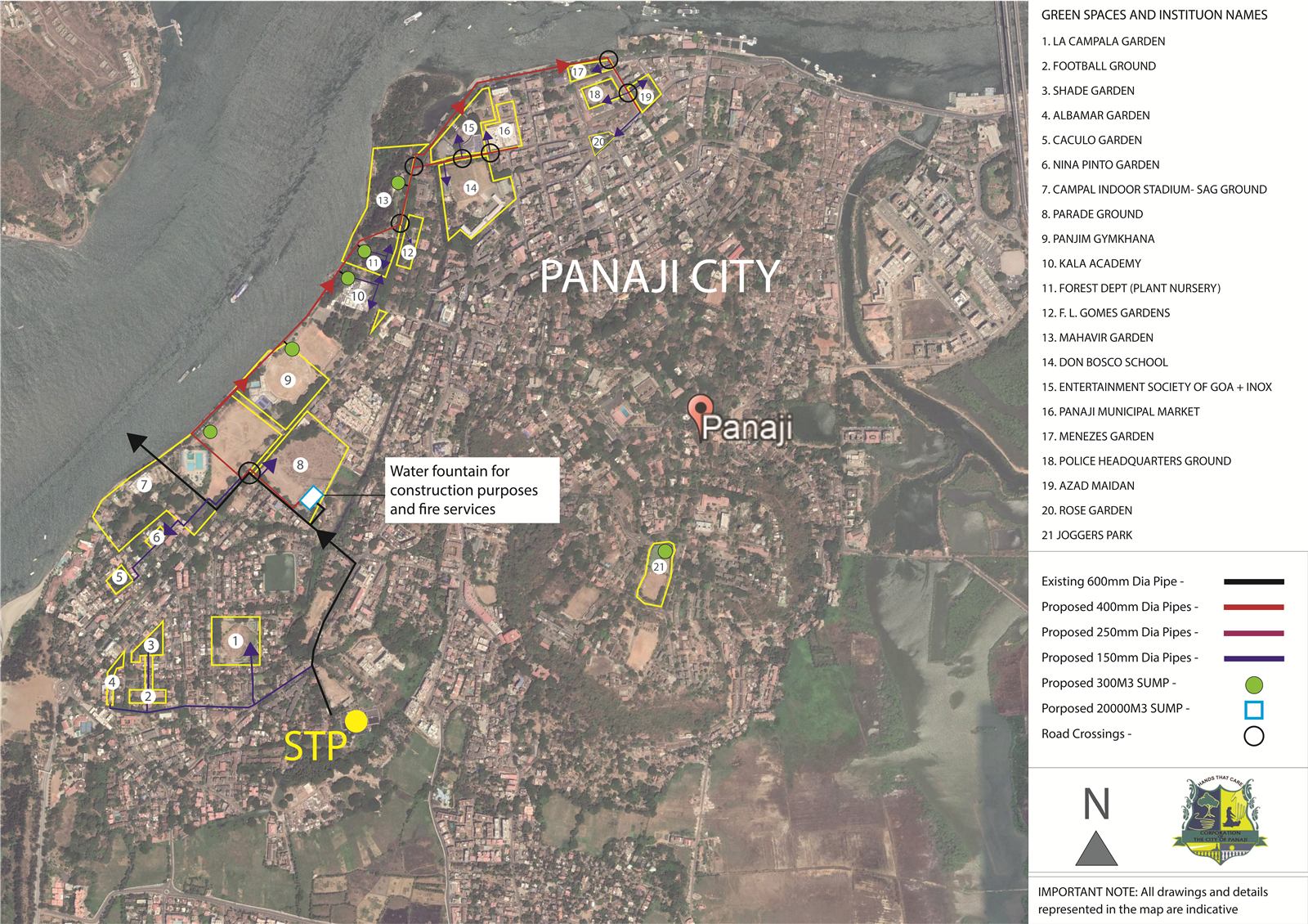 Map of Panaji with gardens and sites that could use treated wastewater