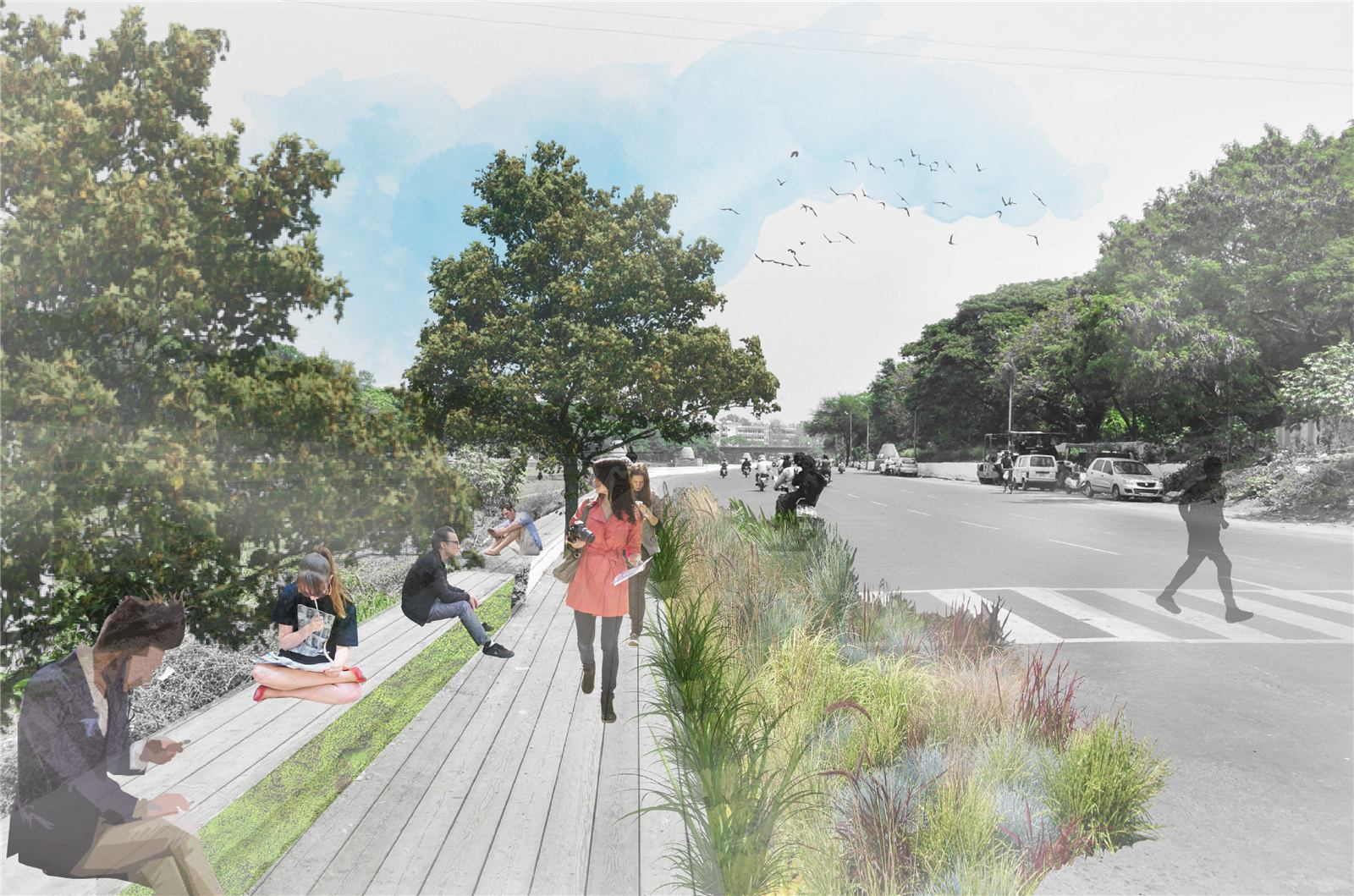 Visualisation of a green street with bioswales and a cycle track in Pune